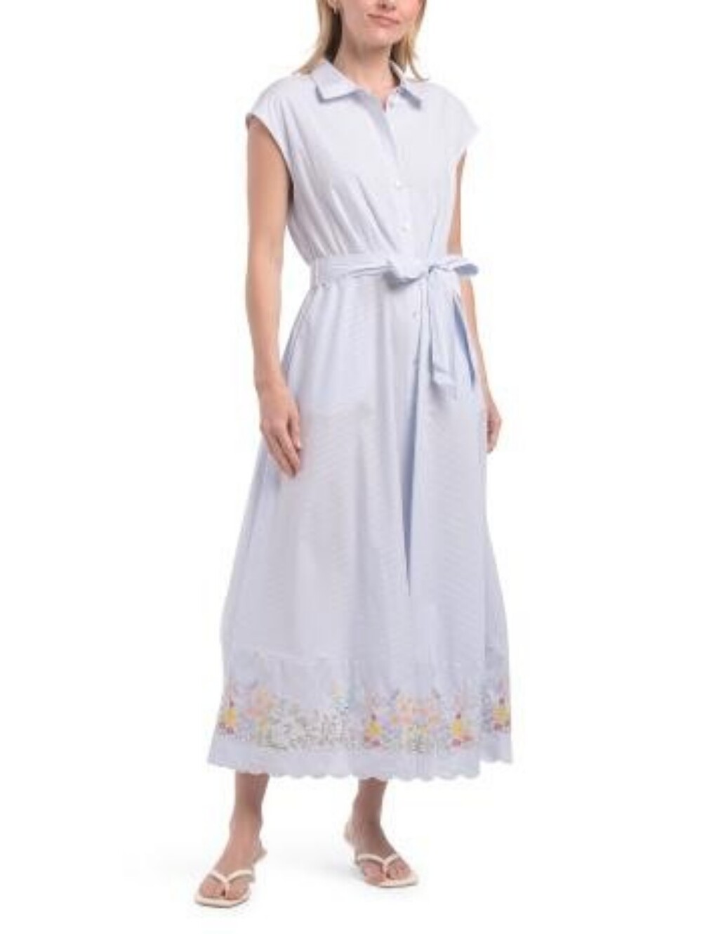 NWT - Ellen Tracy Cotton Blue Pinstripe Embroidered Hem Maxi Shirtdress - L - Picture 3 of 16